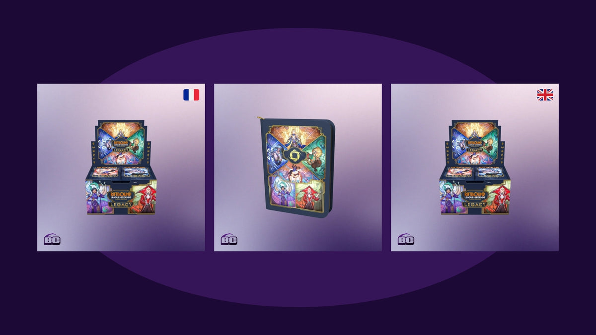 Displays Riftbound Héritage FR et Legacy EN avec le classeur du collectionneur Héritage