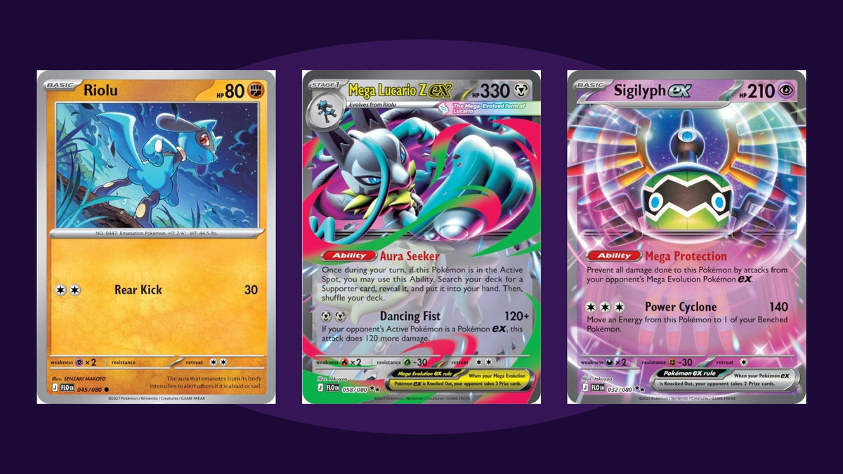 Cartes Riolu, Méga-Lucario Z-ex et Sigilyph-ex du set Pokémon Flowing Fists